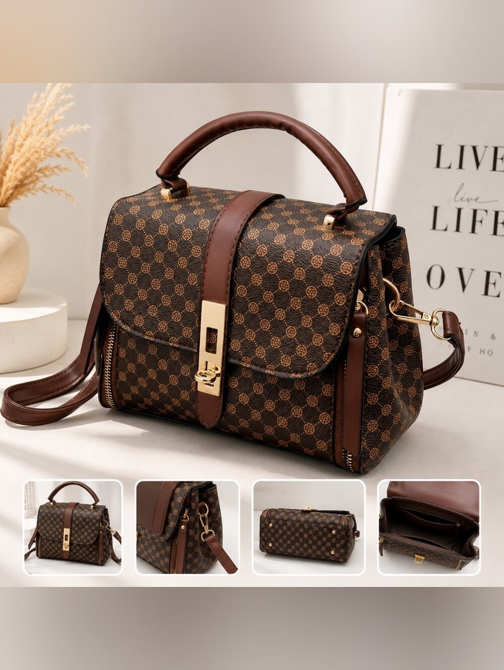 Women’s Brown Crossbody Bag Small Satchel Purse Top Handle Adjustable Strap
